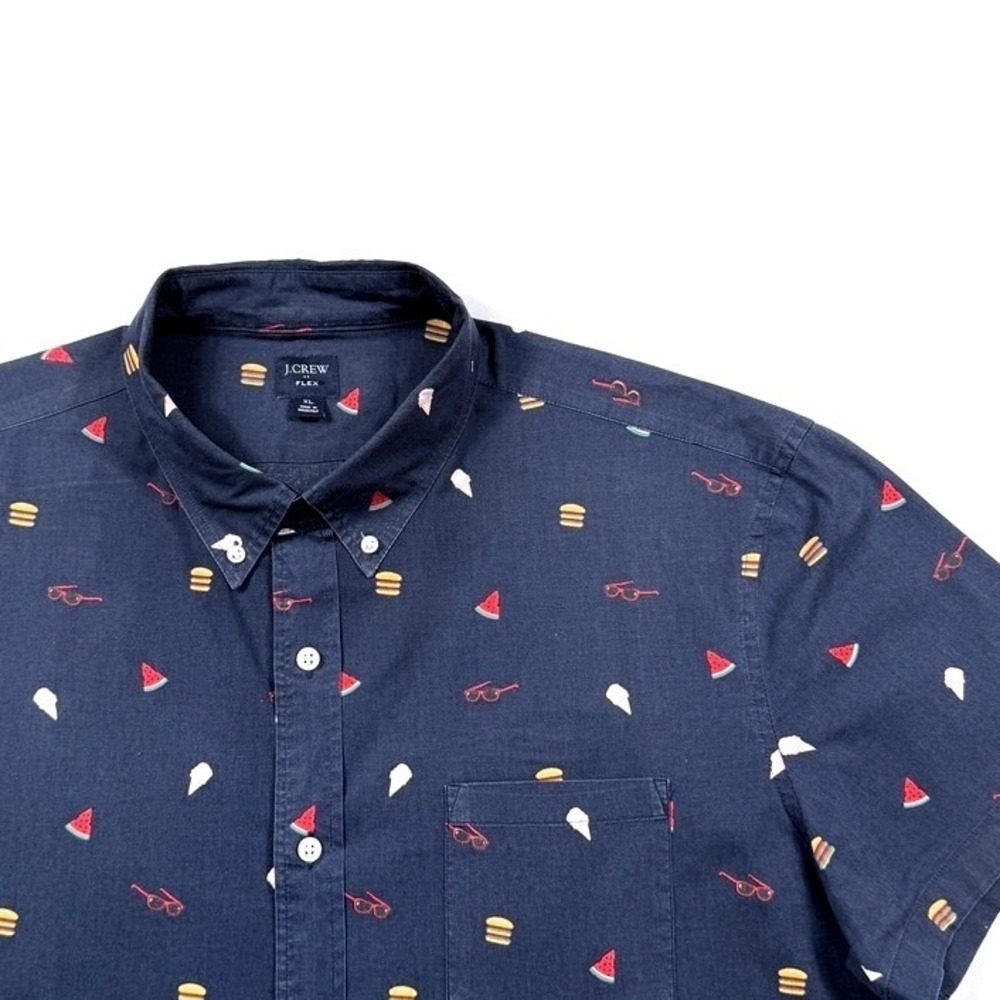 J. Crew Camp Shirt Mens XL Navy AOP Stretch Flex Washed Short Sleeve